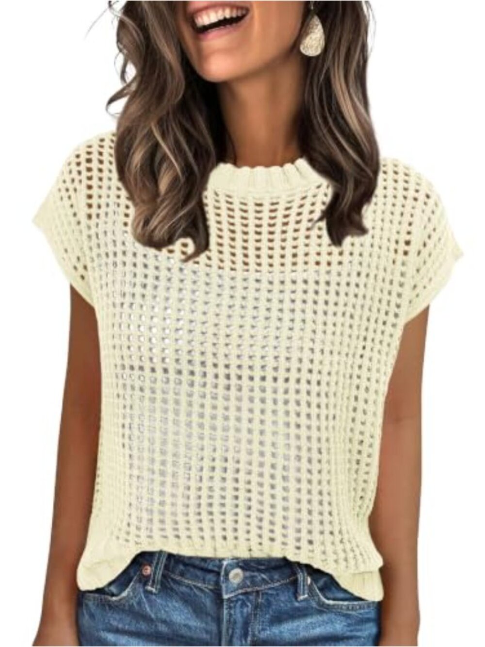 Women Crochet Knit Sweater Short Sleeve Round Neck Summer
